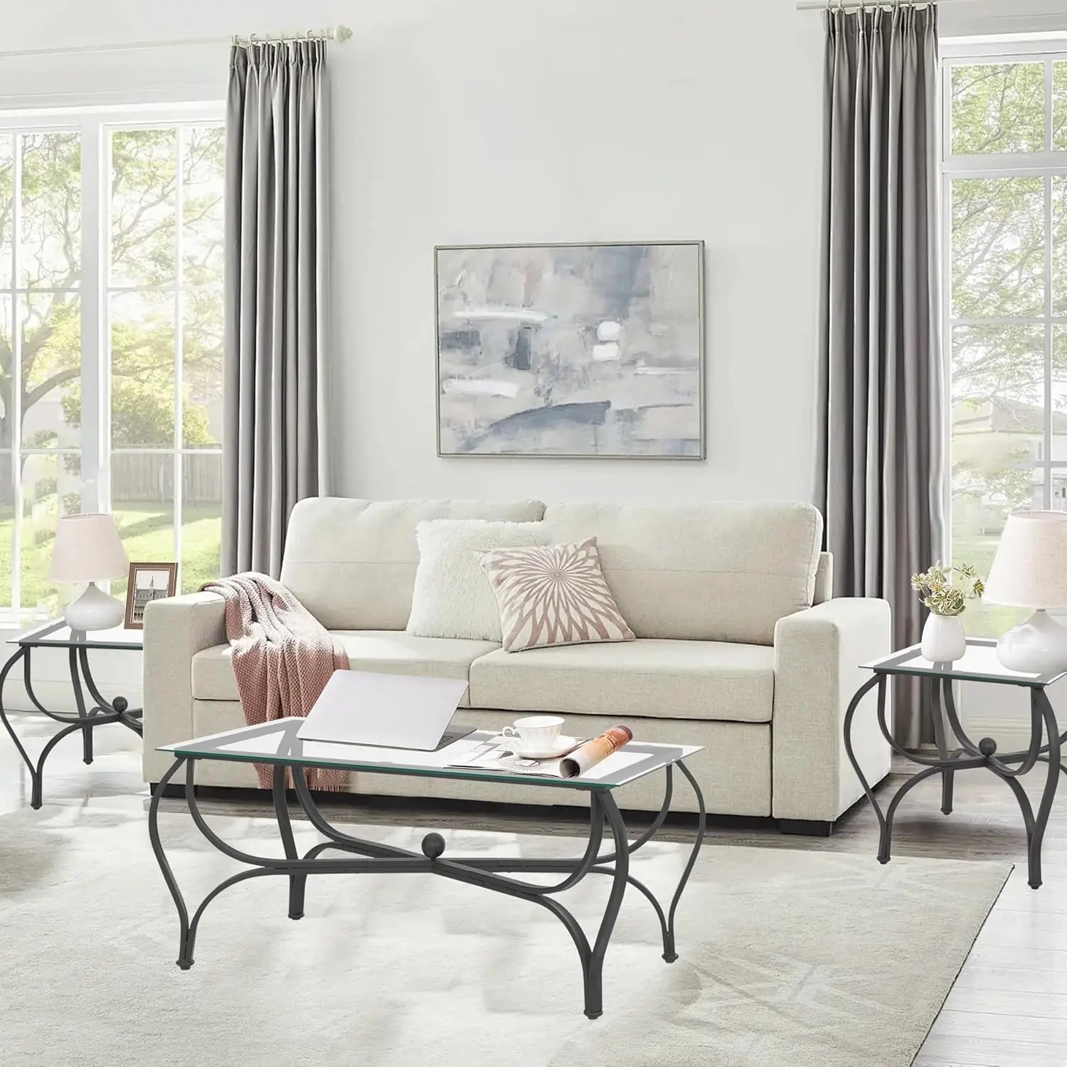 3-Piece Coffee Table Set, Tempered Glass Surface Living Room Sets, Coffee Table & 2 End Side Table, Metal Frame