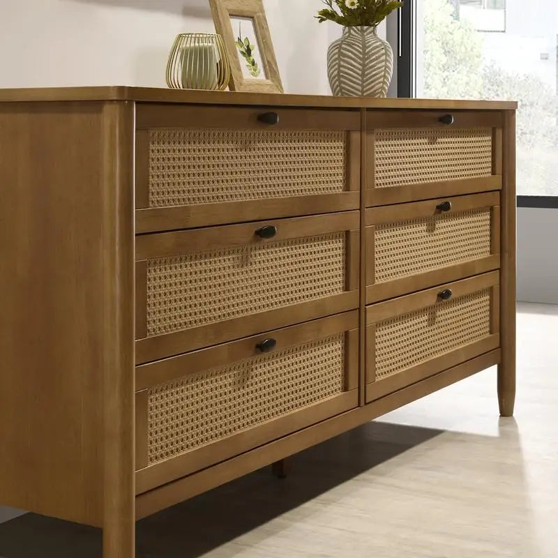 6-Piece Rubberwood Bedroom Set with Textured Polyester Queen Bed, Dresser, Mirror, Nightstand & Chest