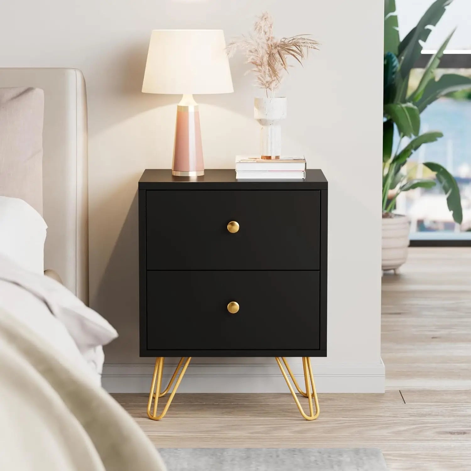 Nightstand Set of 2,, Bedside Table with 2 Drawers, Dual Night Stand Metal Legs and Knobs