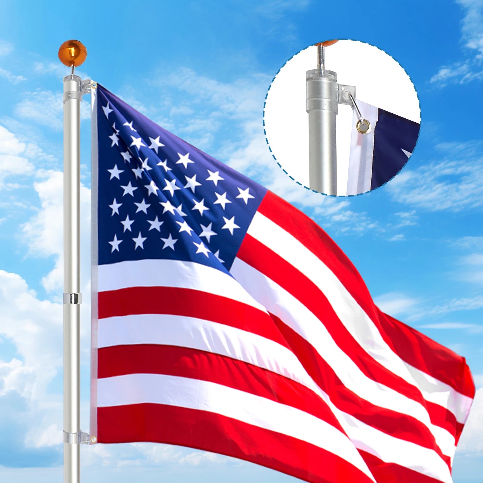 Telescopic Flag Pole Kit, 20FT Height Adjustable/ Heavy Duty Aluminum Flagpoles with 5x3 US Flag & Golden Ball Topper for Yard/ House Ground Residential Commercial