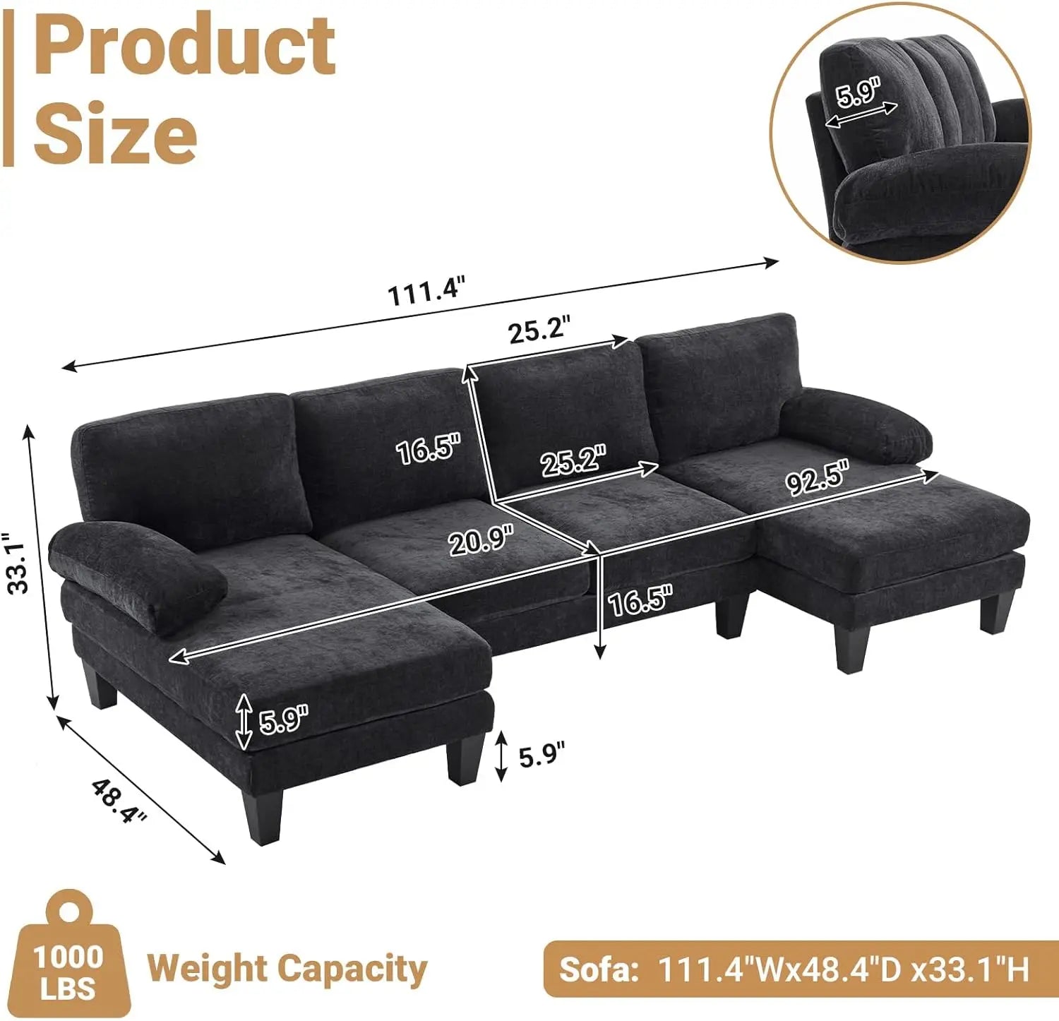 110" Sectional Couches for Living Room, U- Shaped Couch with Double Chaise, 4-Seat Sofa Set with Chenille Fabric for Home Furniture