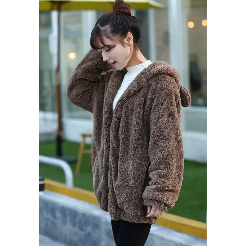 Fluffy Kawaii Bunny/Bear Hoodie Ears&Tail Animal Top/ Cute Rabbit Zip Jacket Winter Women/ Girl Sweet Sweater Coat