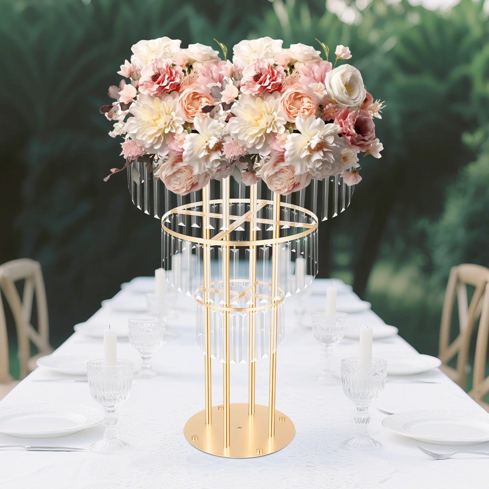 3 Tiers Crystal Wedding Flower Stand 50*90cm,Centerpieces Vases with Clear Crystal Pendants,for Wedding Events/Birthday Party/ Home Decor