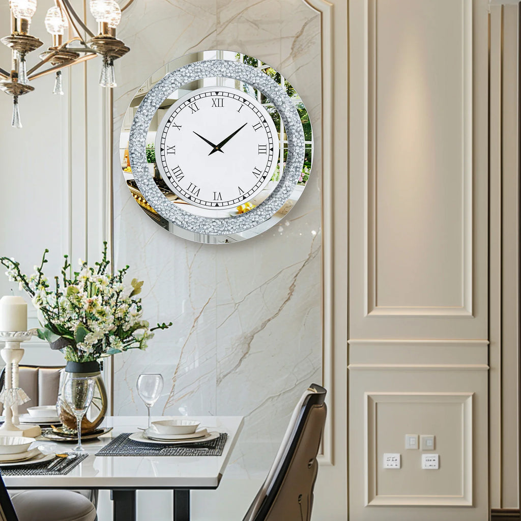 Silver,Tawny Tinted Round Mirror ,24inch Crystal Sparkle Twinkle Bling Crush Diamond Large Mirrored Wall Clock for Living Room
