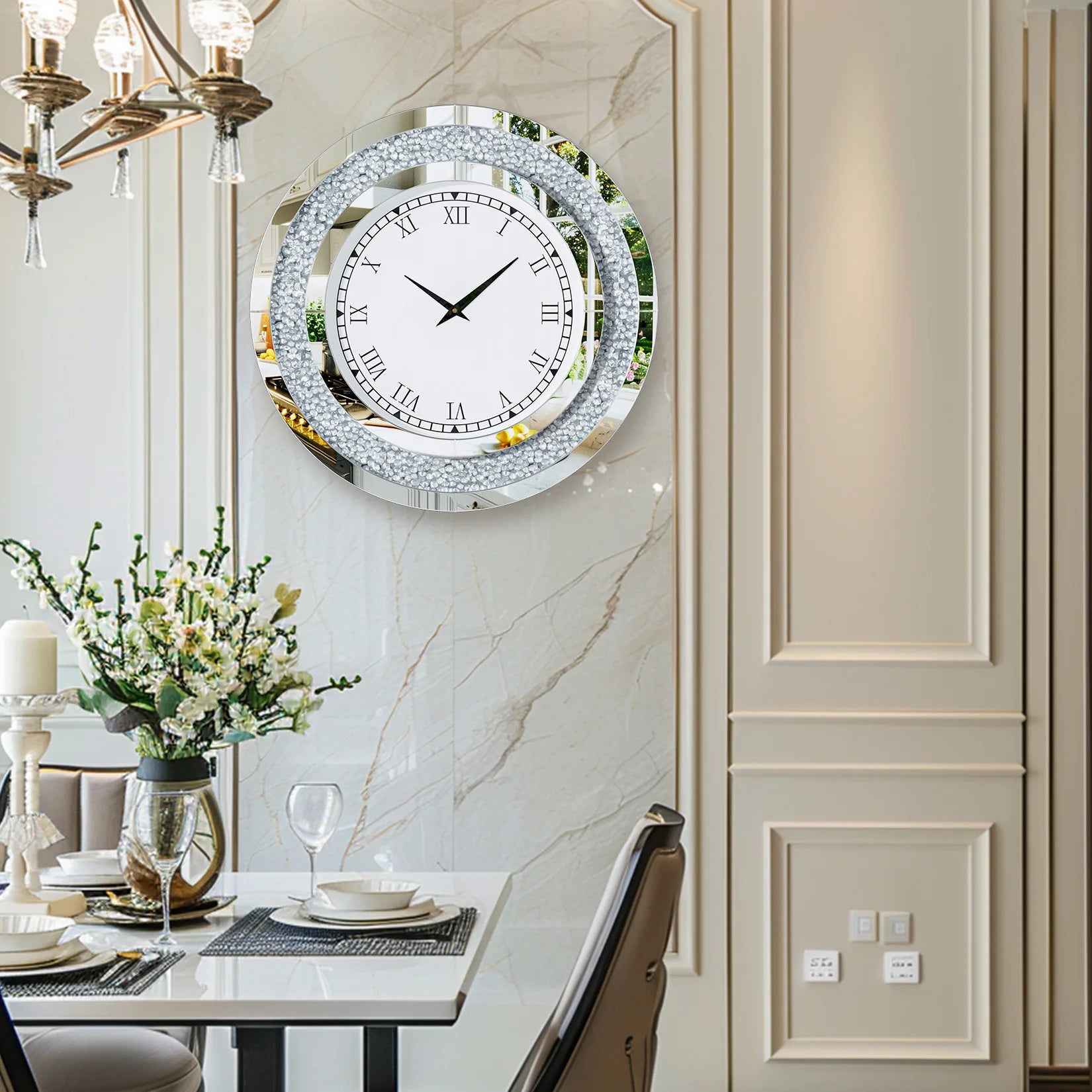 Silver,Tawny Tinted Round Mirror ,24inch Crystal Sparkle Twinkle Bling Crush Diamond Large Mirrored Wall Clock for Living Room