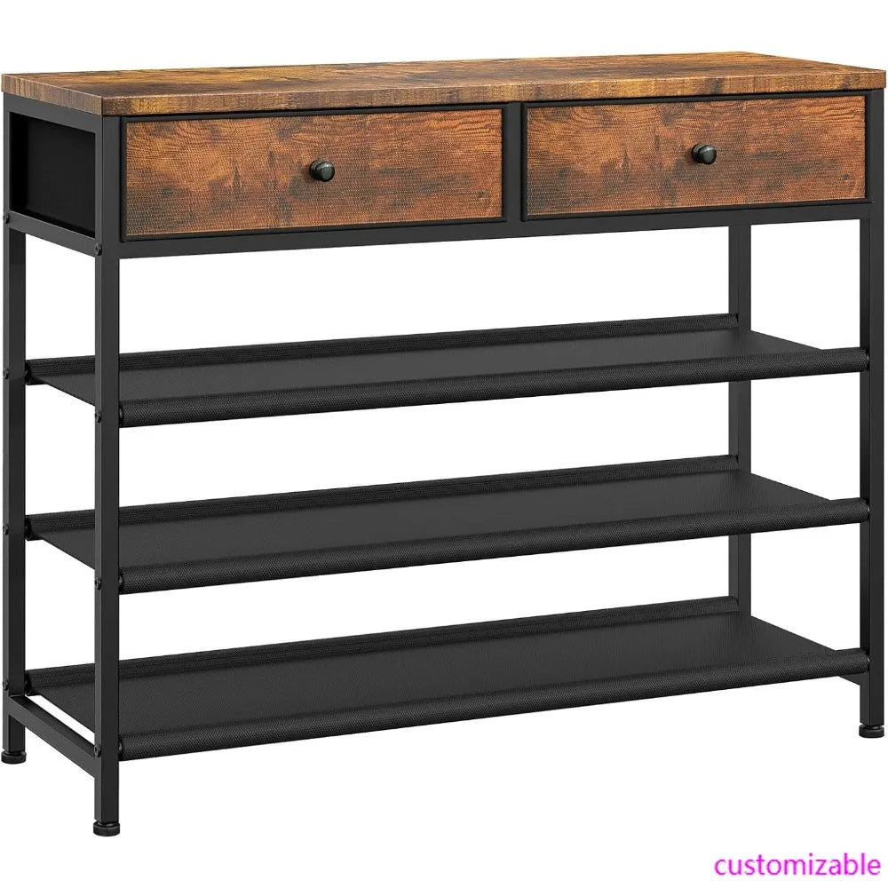 4-Tier Metal Shoe Rack with 2 Drawers and 3 Fabric Shelves for 12-15 Pairs Shoe Storage Organizer
