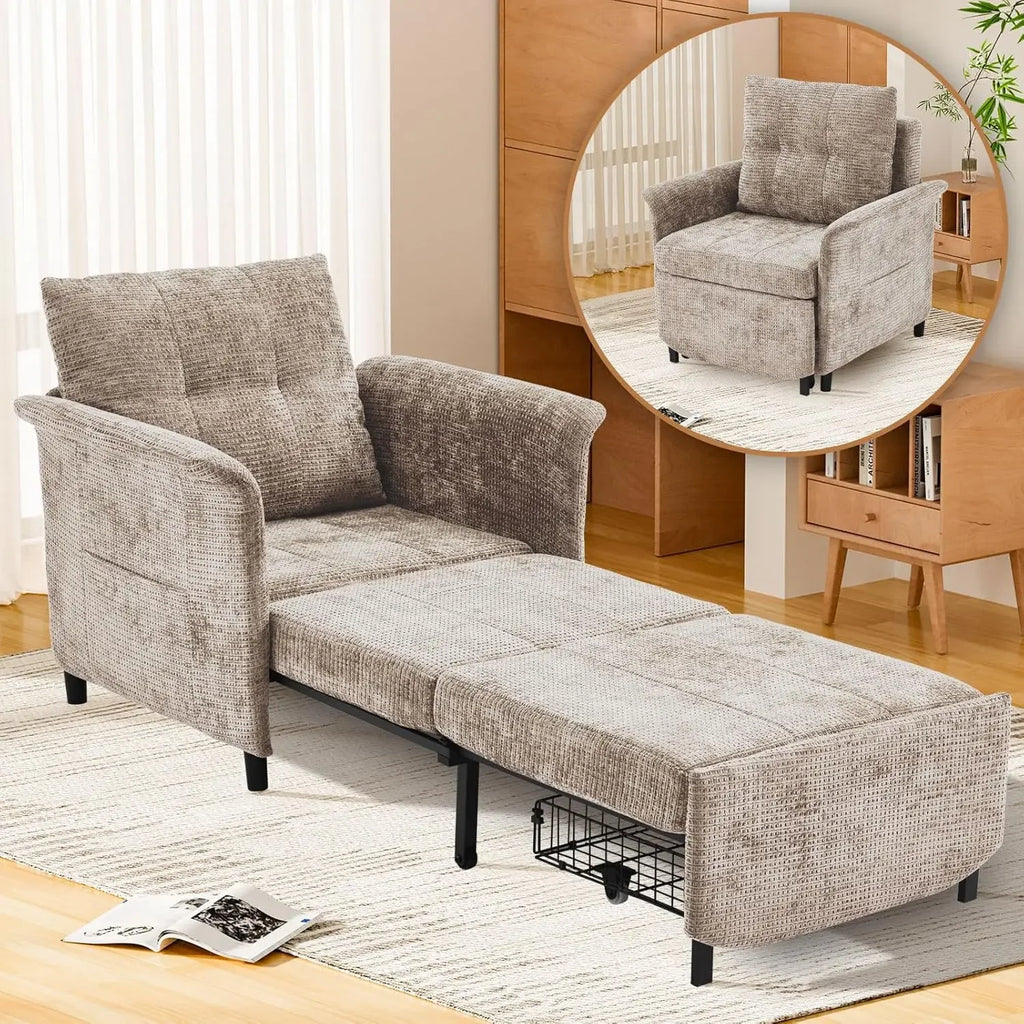 Adjustable Backrest Convertible Sleeper Chair/ Long Chair Bed/ 4-in-1 Pull out Lounge Chair/ 500 LBS Load Bearing Single Sofa
