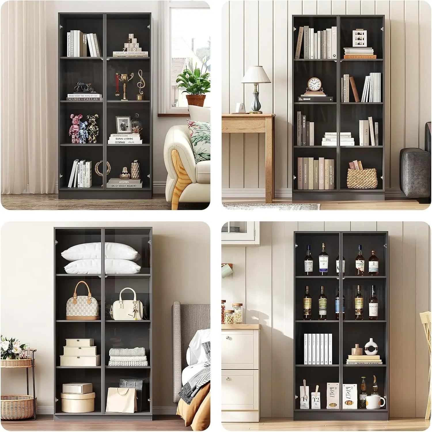 Glass Display Cabinet with LED Lights, Display Case Bookcase with 4-Tier Shelves, Curio Cabinet with 2 Glass Doors