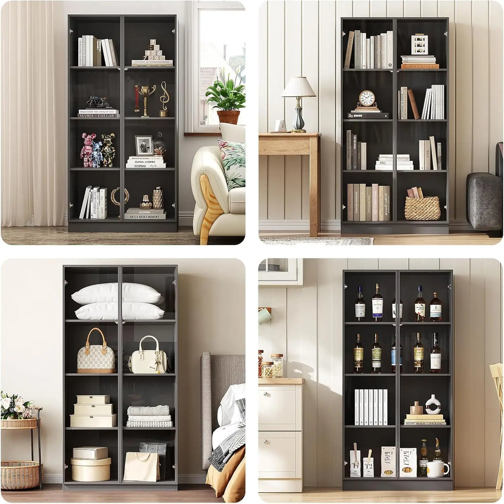 Glass Display Cabinet with LED Lights, Display Case Bookcase with 4-Tier Shelves, Curio Cabinet with 2 Glass Doors