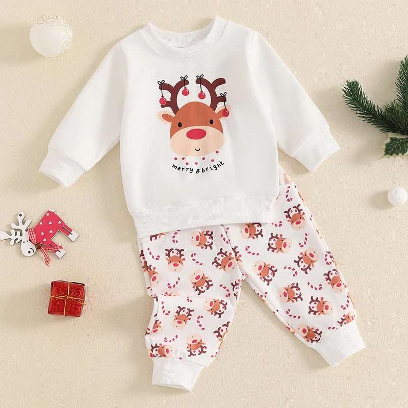 Toddler Boys Christmas Outfits Deer Print Long Sleeve Sweatshirts and Long Pants/ 2Pcs Clothes Set