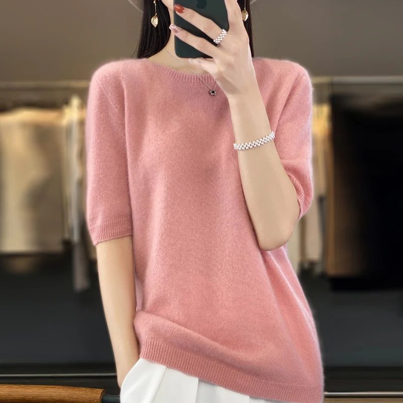 100% Merino Wool Women's O Neck Knitted  Pullover, Short Sleeve Sweater, Women's Basic Solid Color/ Half Sleeve