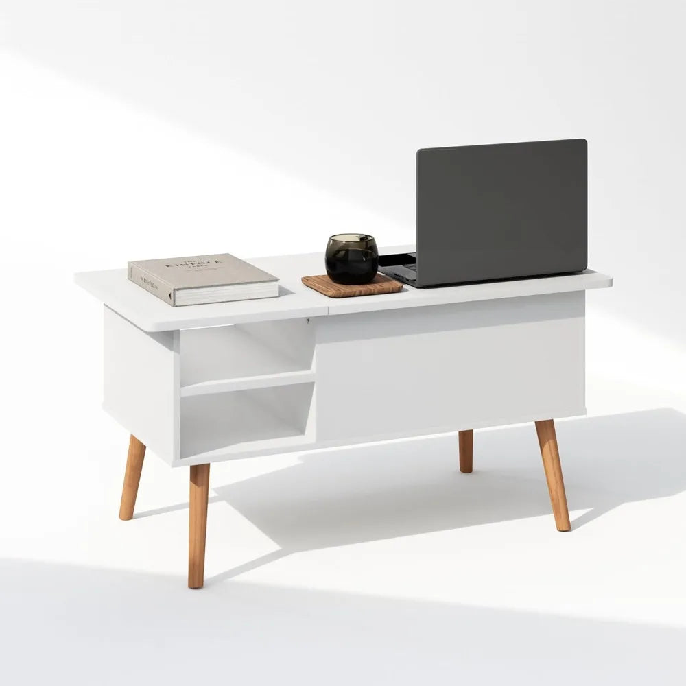 Jensen Wooden Leg Lift Top Coffee Table with Hidden Compartment and Side Open Storage Shelf for Living Room, Solid White
