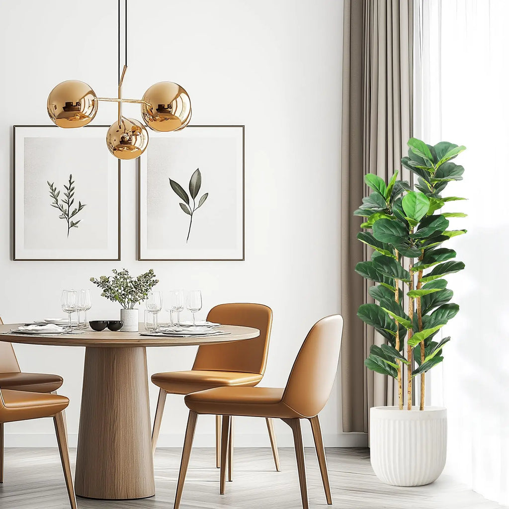 Artificial Fiddle Leaf Fig Tree with White Planter, 5/6/7 ft Tall Fake Plant with Natural Wood Trunk, Faux Ficus Tree Potted Moss for Home /Office/ Living Room Decor