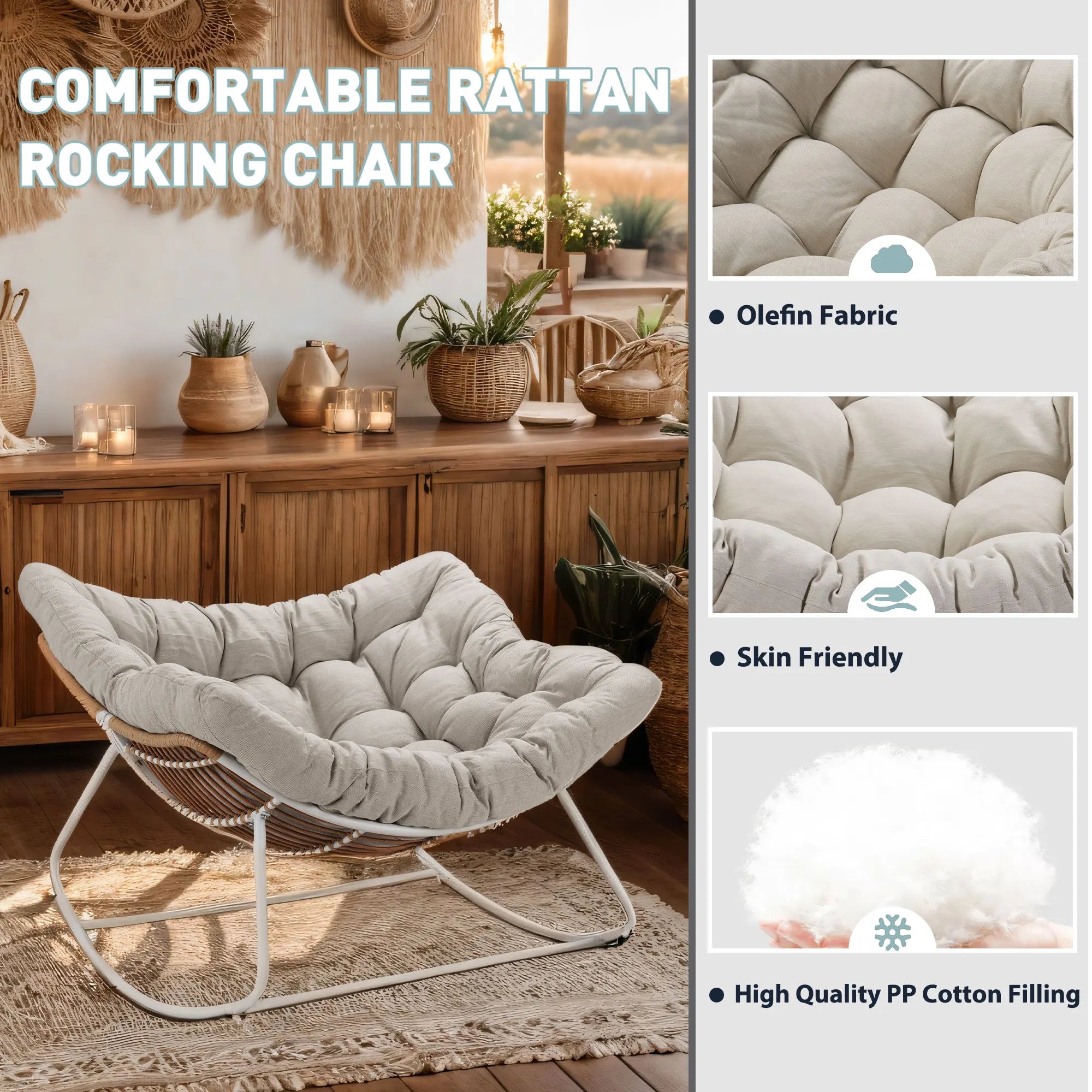 Outdoor Rocking Chair, Patio Wicker Egg Chair, Indoor Comfy Oversized Papasan Chair with Padded Cushion for Front Porch, Garden