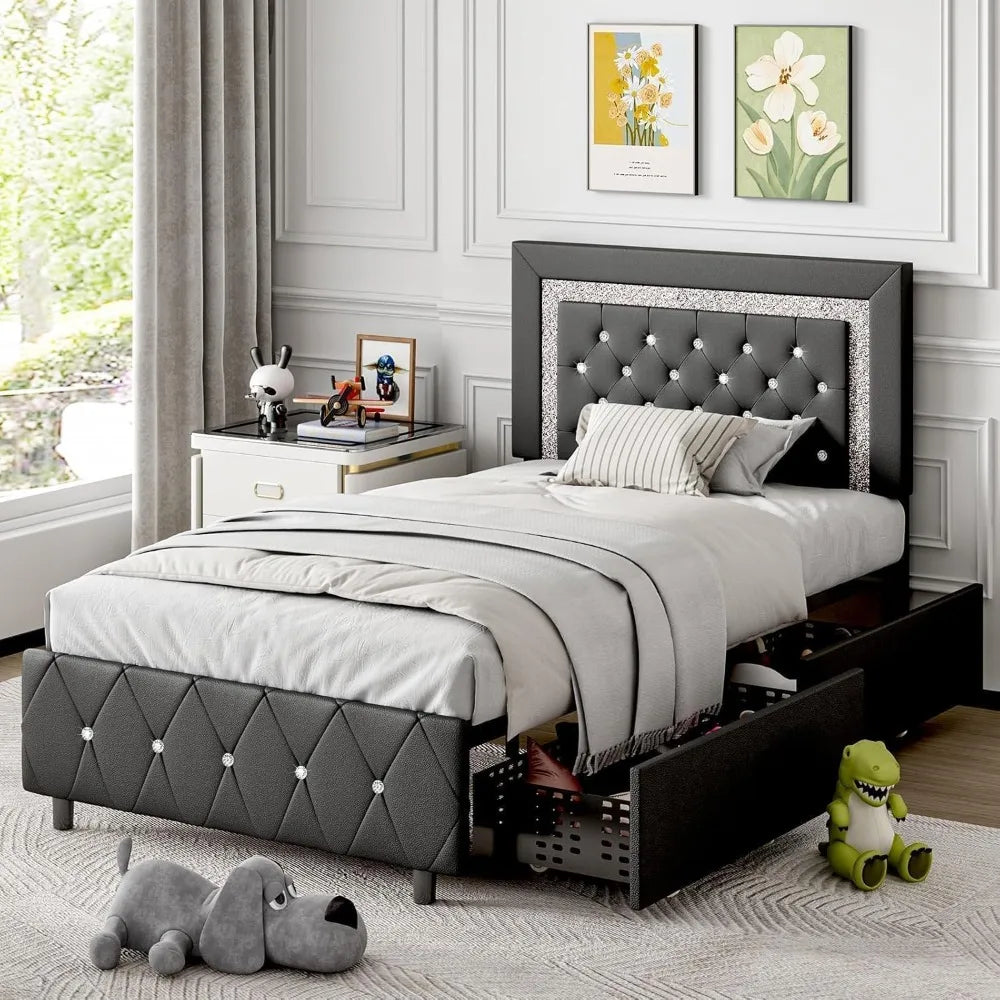 Twin Bed Frame with LED Lights and Storage Drawers, Upholstered Bed Frame with Diamond Headboard, Faux Leather Modern Platform