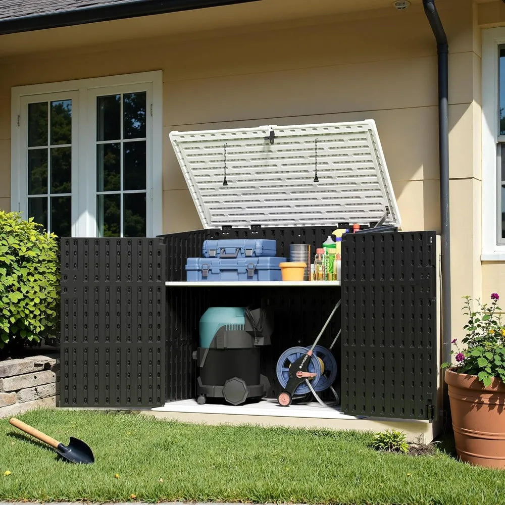 Outdoor Resin Shed, 34 Cubic Feet Horizontal Storage, Waterproof Box for Garden, Pool, and Waste Bin Storage