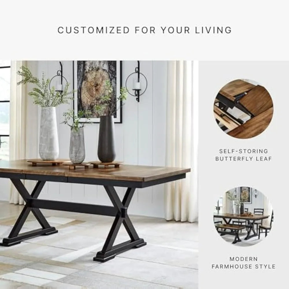 Farmhouse Dining Table with Built-in Butterfly Leaf Extension for 6-8 Seating, Black
