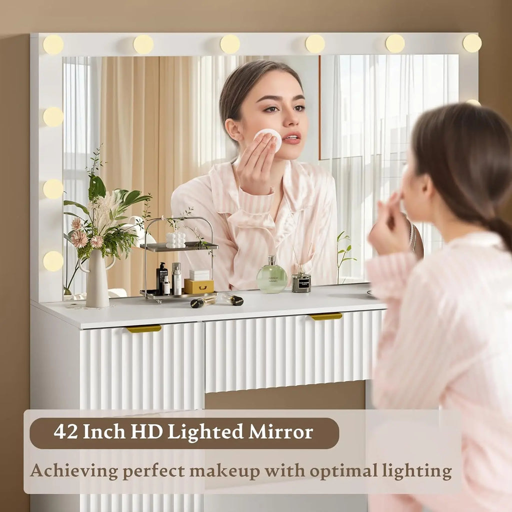 Vanity Desk with Large 42" Mirror and Lights, White Fluted Makeup Table Set with Storage Drawers, Power Outlet & Stool