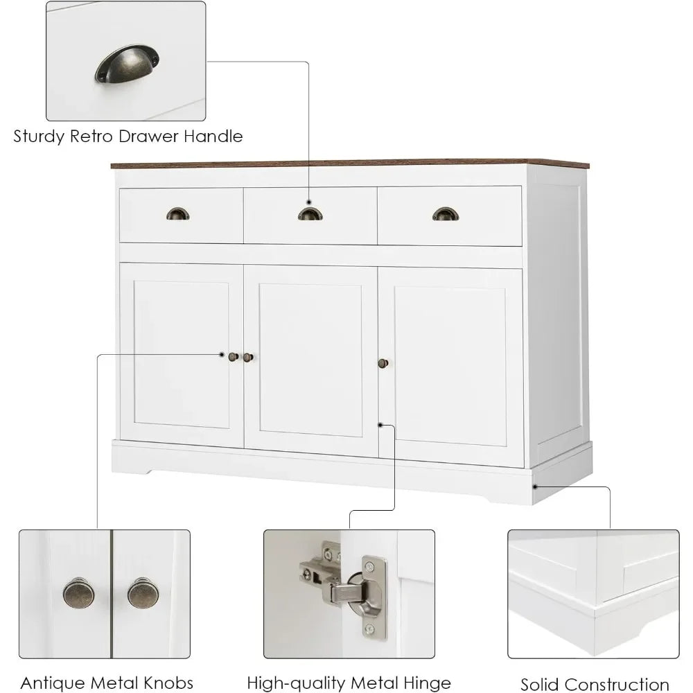 White Buffet Farmhouse Cabinet Storage Sideboard, Bar Wine Cabinet with 3 Drawers & 3 Doors Adjustable Shelves