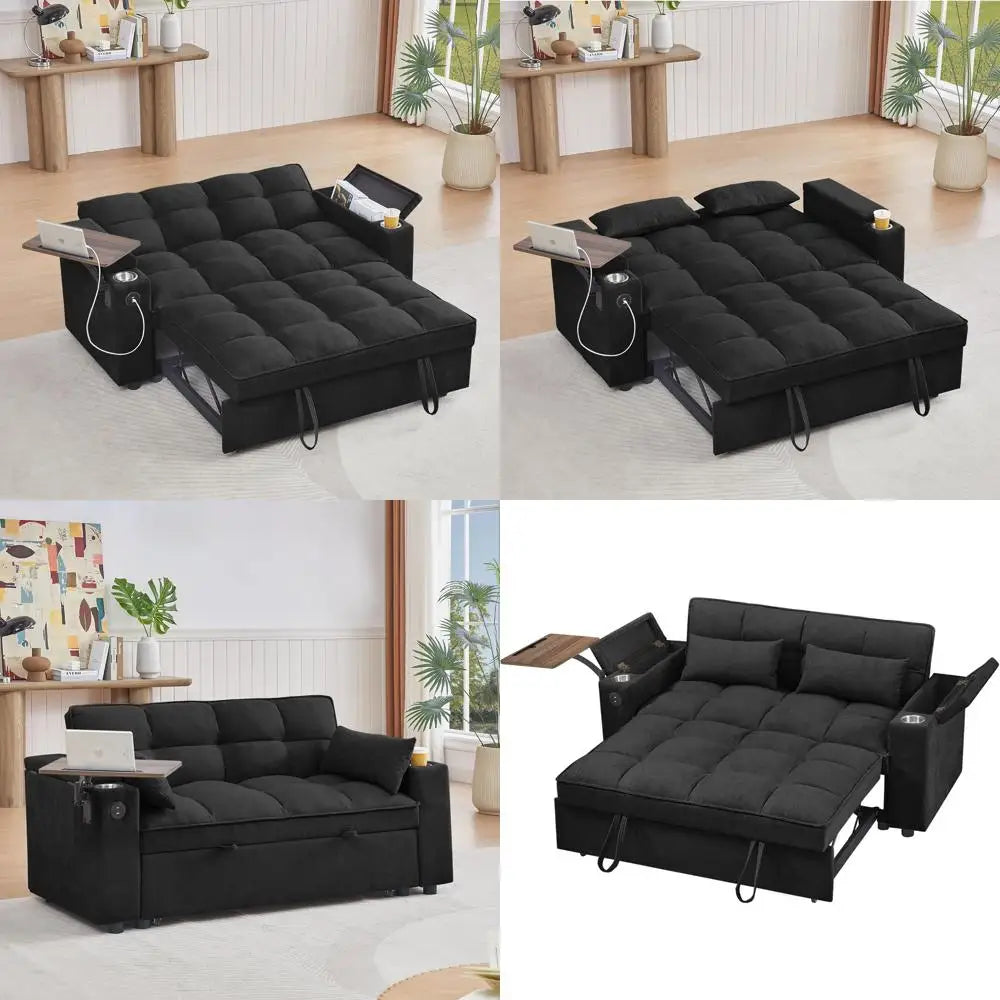 65-inch 3-in-1 Folding Sofa Bed with Pullout Function, Modern Chenille Fabric, 360-Degree Swivel Side Table