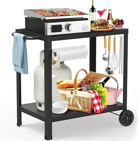 32x20 Inches Dual-Shelf Outdoor Grill Cart with Movable Pizza Oven for Patio Use