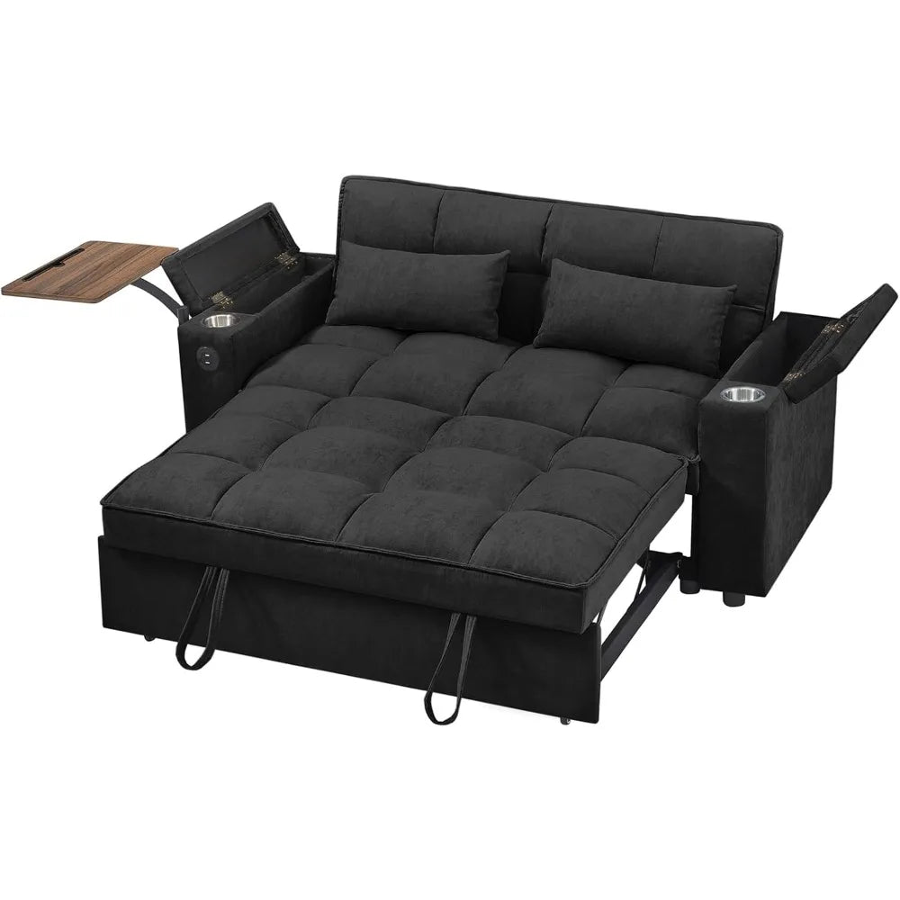 65-inch 3-in-1 Folding Sofa Bed with Pullout Function, Modern Chenille Fabric, 360-Degree Swivel Side Table