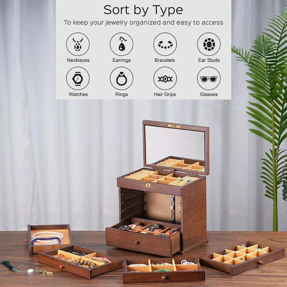 Large Vintage Wooden 5-Drawer Jewelry Organizer Box with Lock for Necklaces, Rings, and Earrings