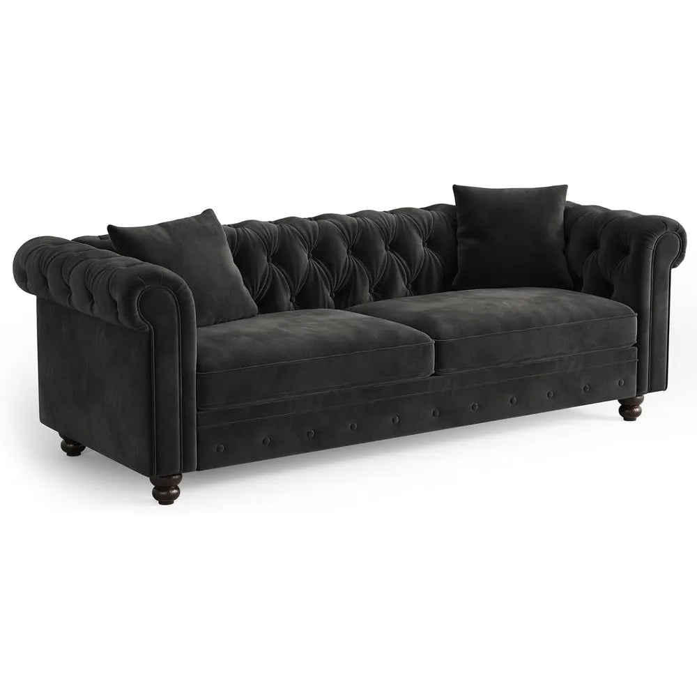 82 Inch Chesterfield Sofa, 23 Inch Deep Seat Velvet Couch for Living Room, Button Tufted Couch with Rolled Arms, 2 Throw Pillows
