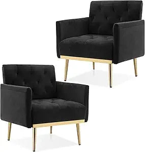 Green Velvet Accent Chairs Set of 2, Comfy Button Tufted Armchair, Upholstered Arm Chairs