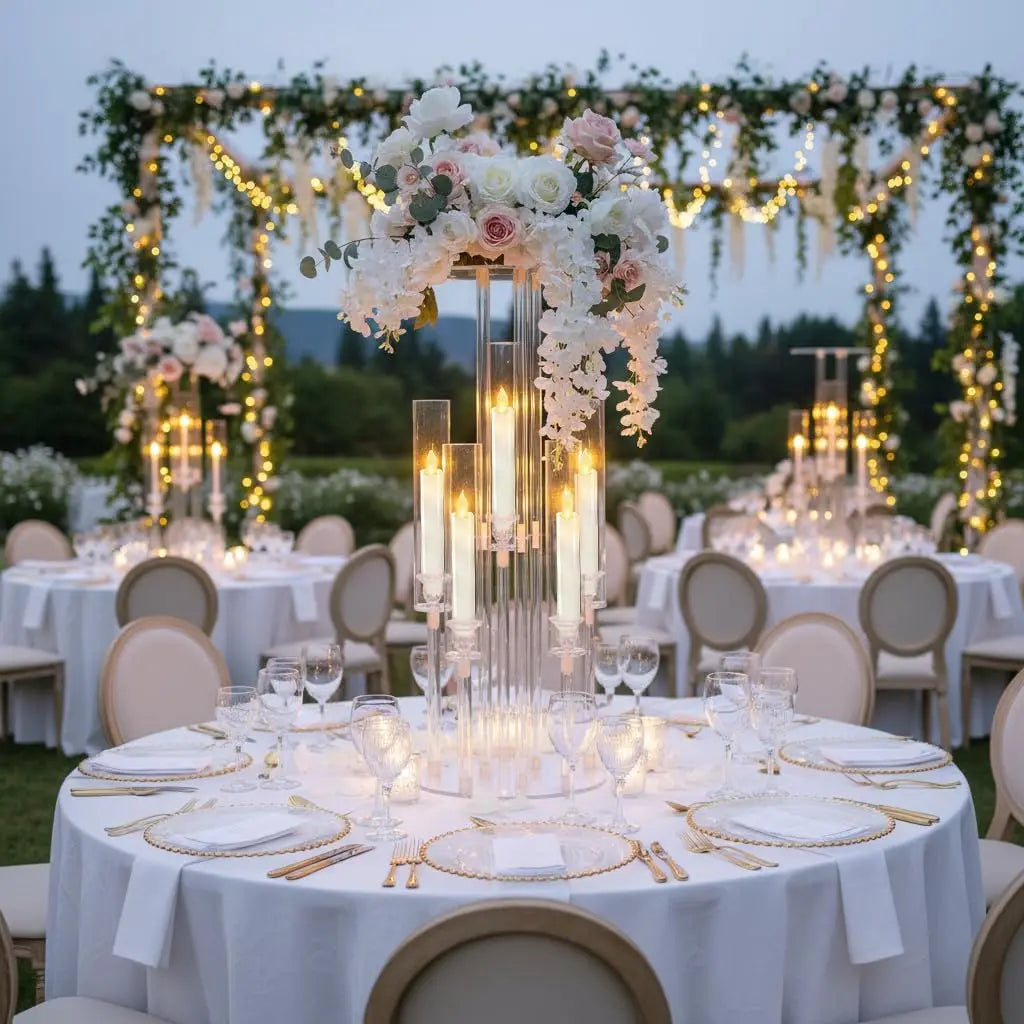 Clear 5-Arm Acrylic Candelabra with Flower Stand & Lampshade, 23.6" Tall Candle Holder for Wedding Table Centerpieces, Fits LED Candles for Party, Banquet, Birthday, Home Event Christmas Decor