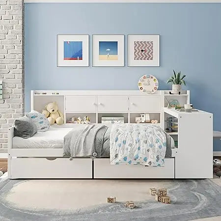 L-Shaped Wooden Daybed with Storage, Desk, and Bookshelf for Full-Size Beds