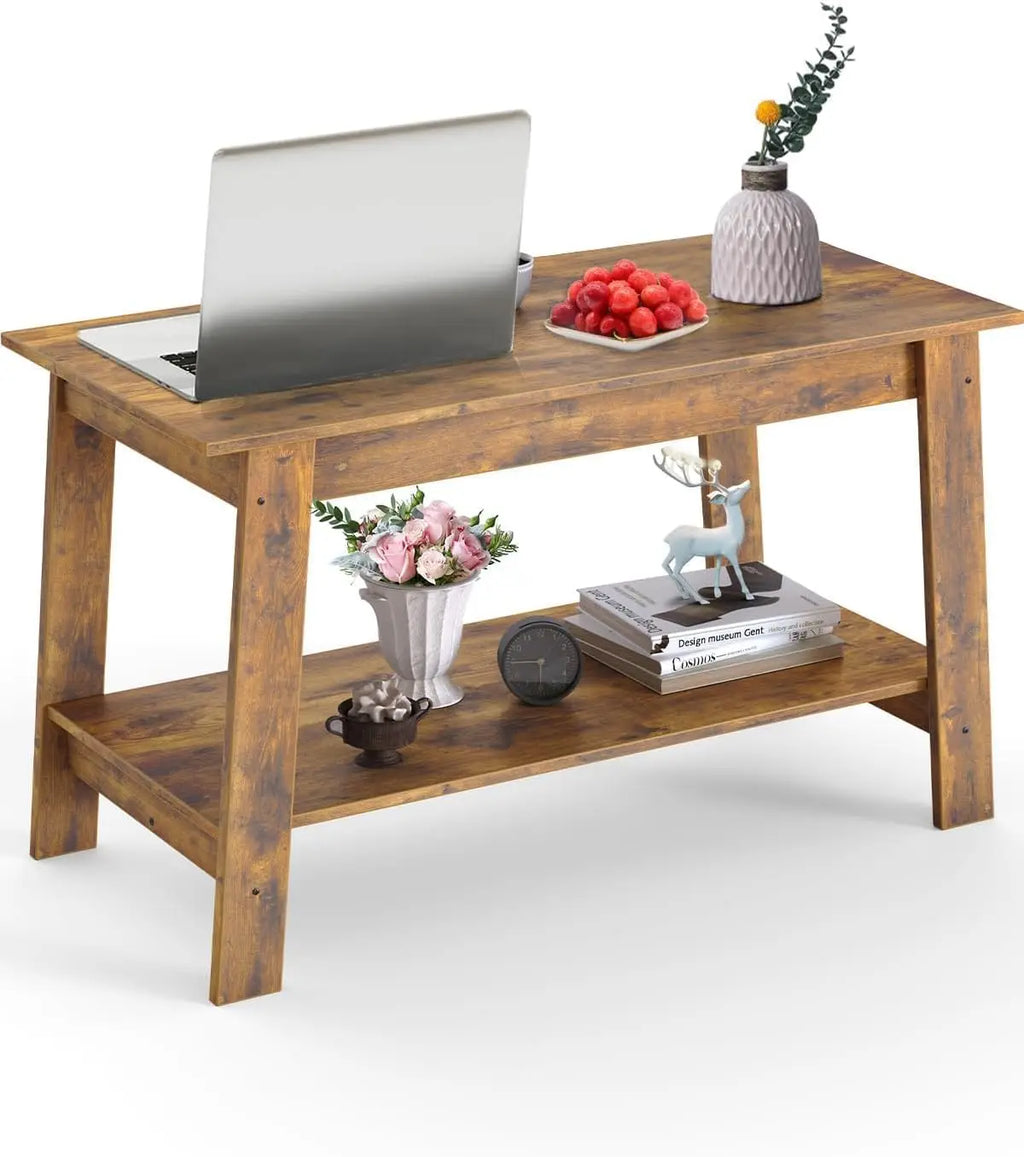 Rustic Farmhouse Wood Coffee Table with Storage Shelf, Rectangular Small Center Side Table for Living Room, Easy Assembly