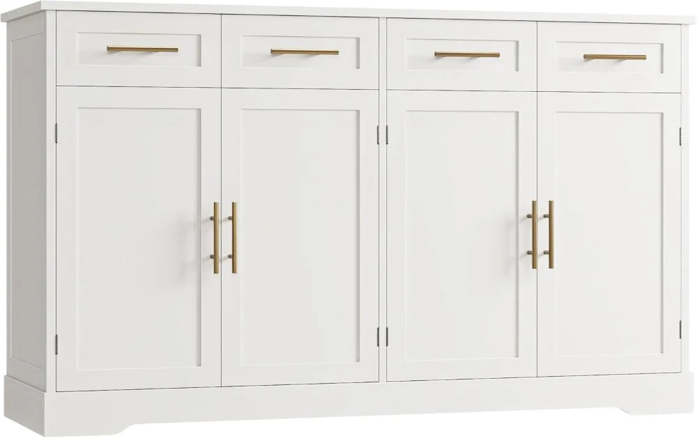 60" Modern Buffet Cabinet with 4 Drawers, Gold Handles, White Kitchen Storage Sideboard