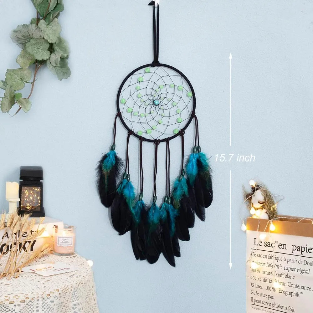 Luminous Beaded Dream Catcher Handmade with Blue Feathers and String Art Wall Hanging for Bedroom Decor Kids Teens Boys Girls Nursery Ornament Good Luck Gift for Birthday Christmas Home Decoration Boho Chic