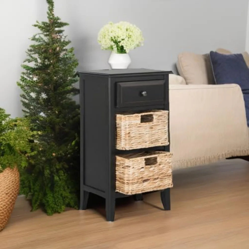 Distressed Black Side Table with 1 Drawer and 2 Removable Baskets