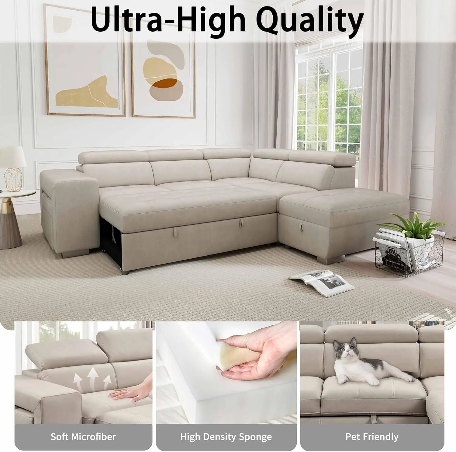 104'' Microfiber L Shaped Sectional Sleeper Sofa Couch with Pull Out Bed and Storage Ottoman, Convertible Couches with