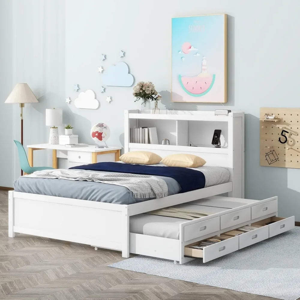 Full Size Platform Bed with Trundle, Drawers and Bookcase Headboard with USB Plugs