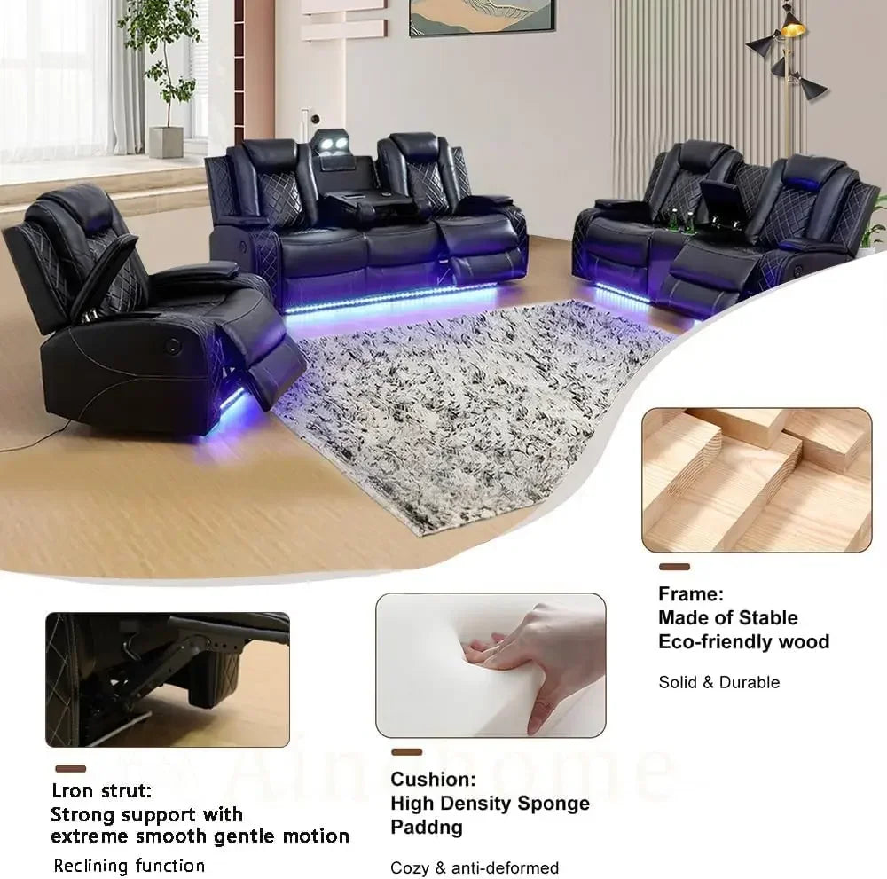 Multifunction Power Air Leather Recliner Sofa Set with LED Lights, Living Room Furniture, Reclining Sofa, Loveseat, Chair