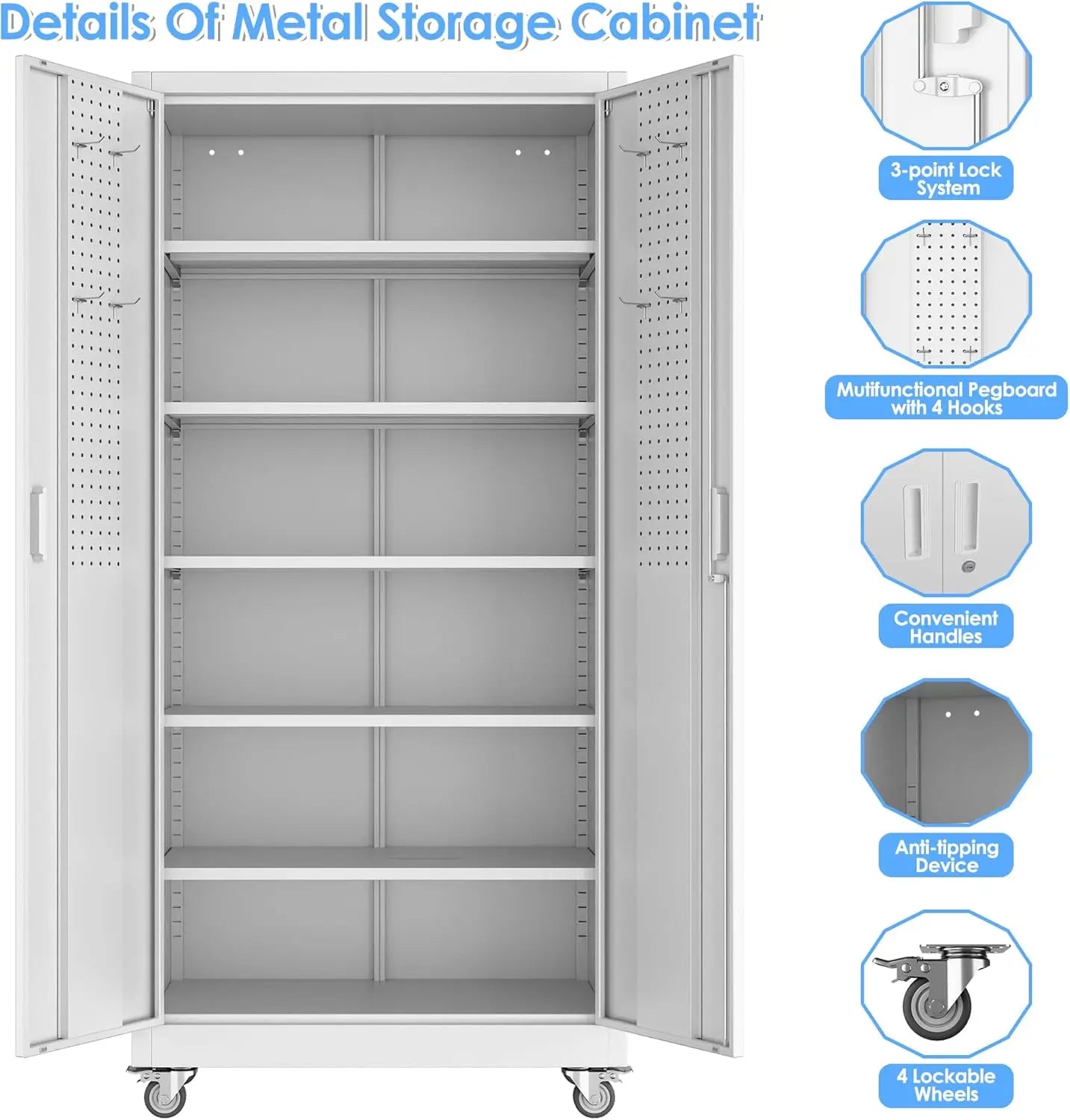 Upgrade 71"H'', 32''W,16''D Metal Garage Storage Cabinet with Wheels and Pegboards, 5 Adjustable Shelves Steel Storage Cabinets