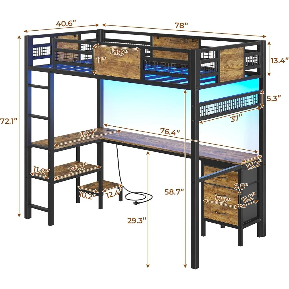 Twin Loft Bed with L-Shaped Desk, Metal Twin Size Bed Frame with LED Lights & Charging Sation, 3 Fabric Drawers, 2-Tier Storage