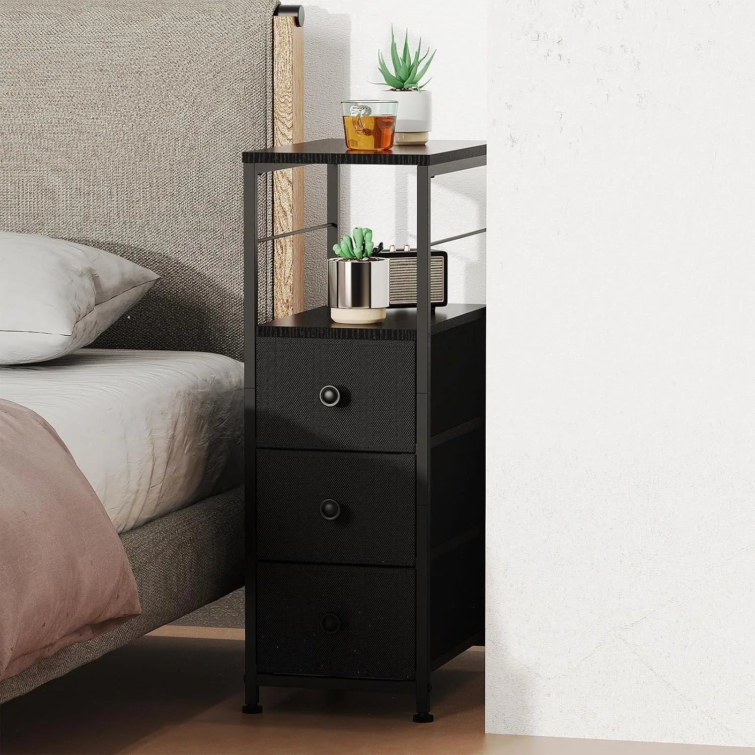 Narrow Slim Dresser & Bedside Table | 3 Fabric Drawers w/ Open Shelves | Space-Saving Storage Cabinet