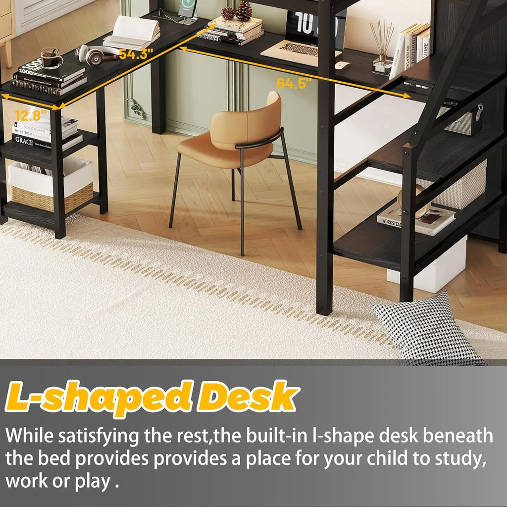 Full Size Gaming Loft Bed with LED Lights, Stairs, Desk & Storage Wardrobe for Adults Kids Teens