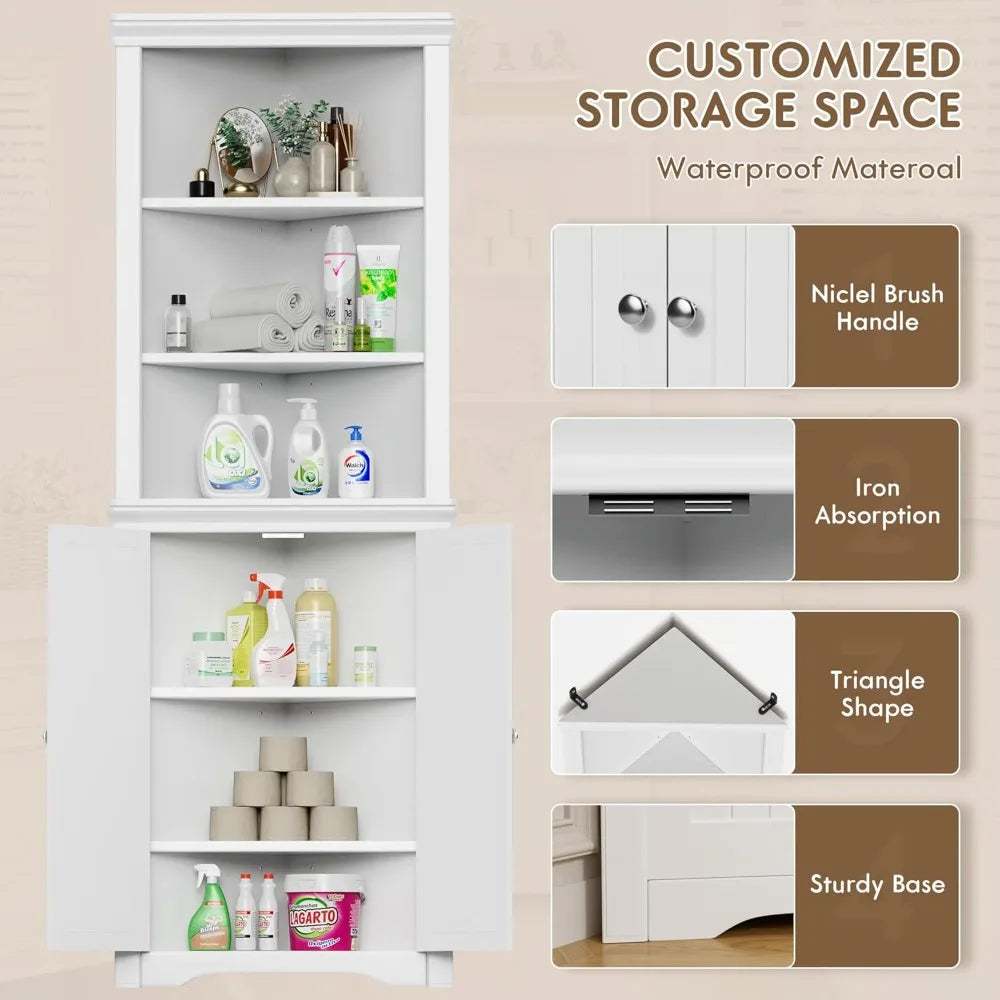 Corner Cabinet, Freestanding Corner Shelf with 2 Doors and 3 Shelves, Bathroom Corner Storage for Bathroom, Living, Bedroom