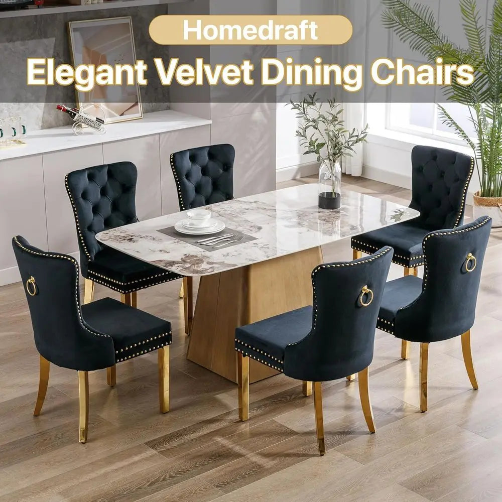 Velvet Dining Chairs Set of 6, Nikki Collection Dining Room Chairs with Golden Stainless Steel Legs and Pull Ring, Customized