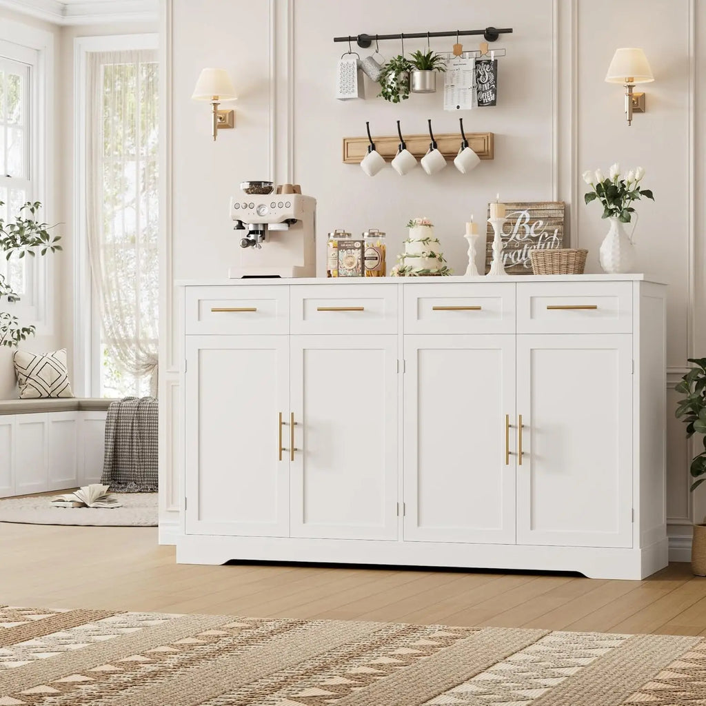 60" Modern Buffet Cabinet with 4 Drawers, Gold Handles, White Kitchen Storage Sideboard