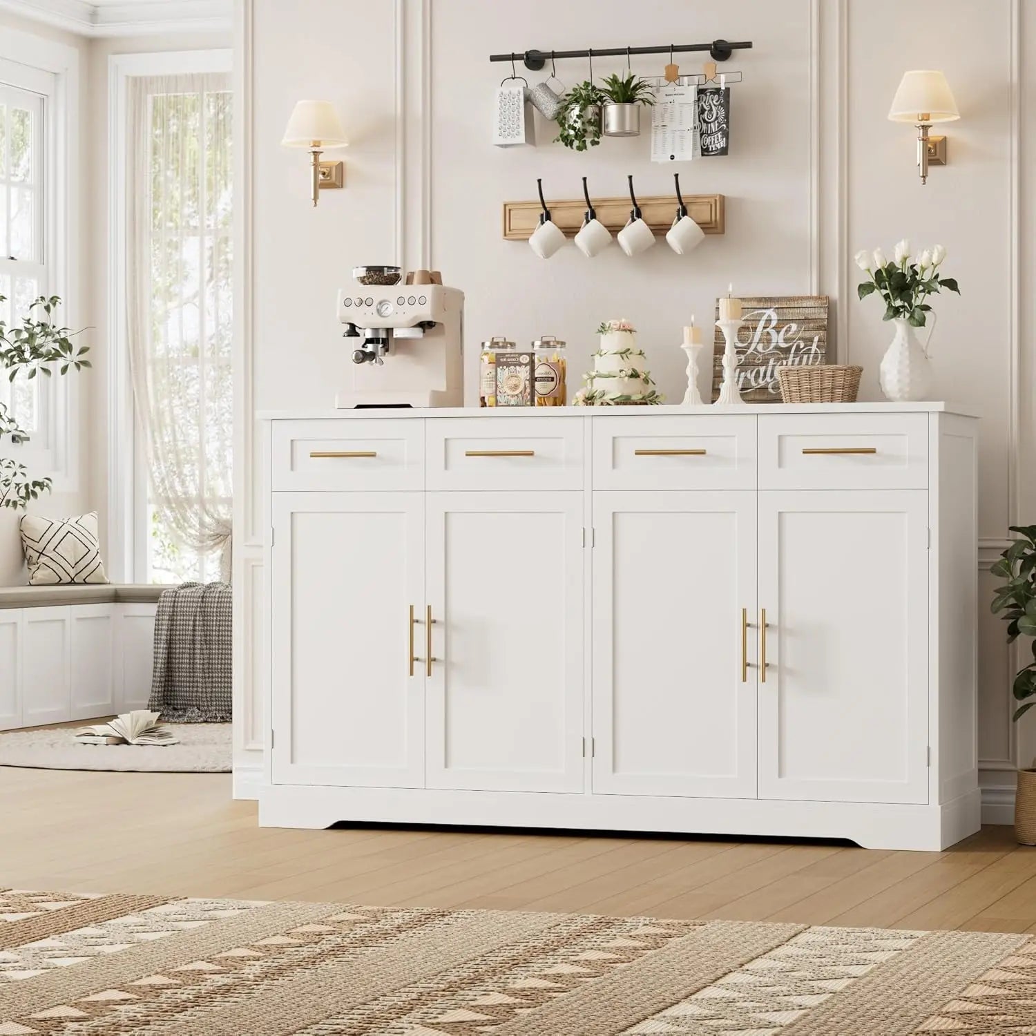 60" Modern Buffet Cabinet with 4 Drawers, Gold Handles, White Kitchen Storage Sideboard