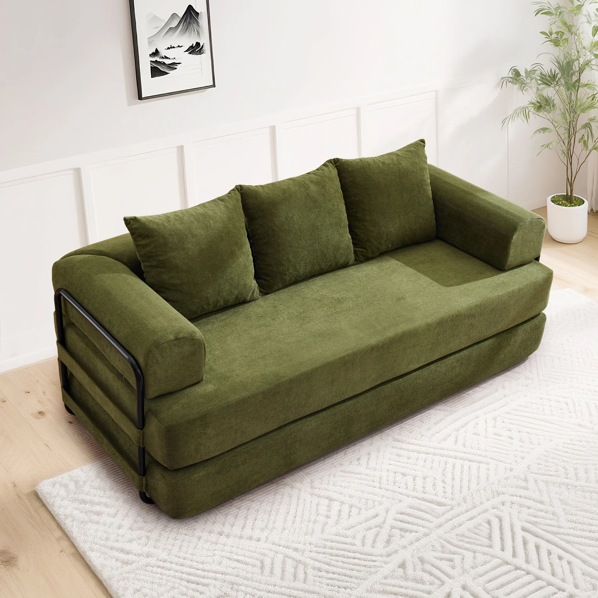 Convertible Sofa Bed with Pillows Modular Floor Sofa with Fixed-Shape Frame Chenille, Removable Folding Mattress Couch