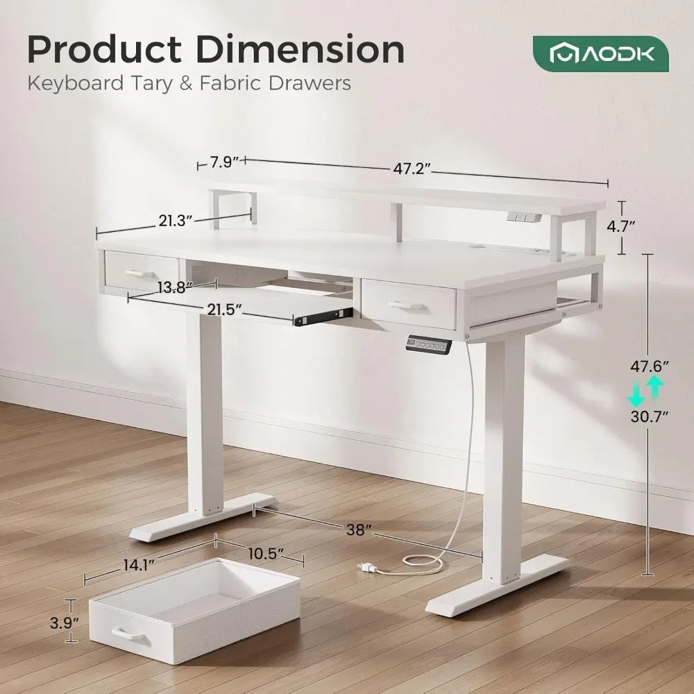 Electric Standing Desk with Drawers & Keyboard Tray, 47 Inch Height Adjustable Small Gaming Desk with Power Outlets & LED Light