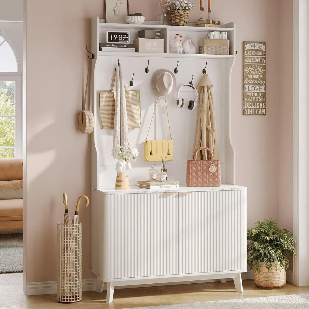 4-in-1 Entryway/Hallway Tree with Shoe Storage, 77" Coat Rack with 18 Shoes Cubbies & 9 Coat Hooks
