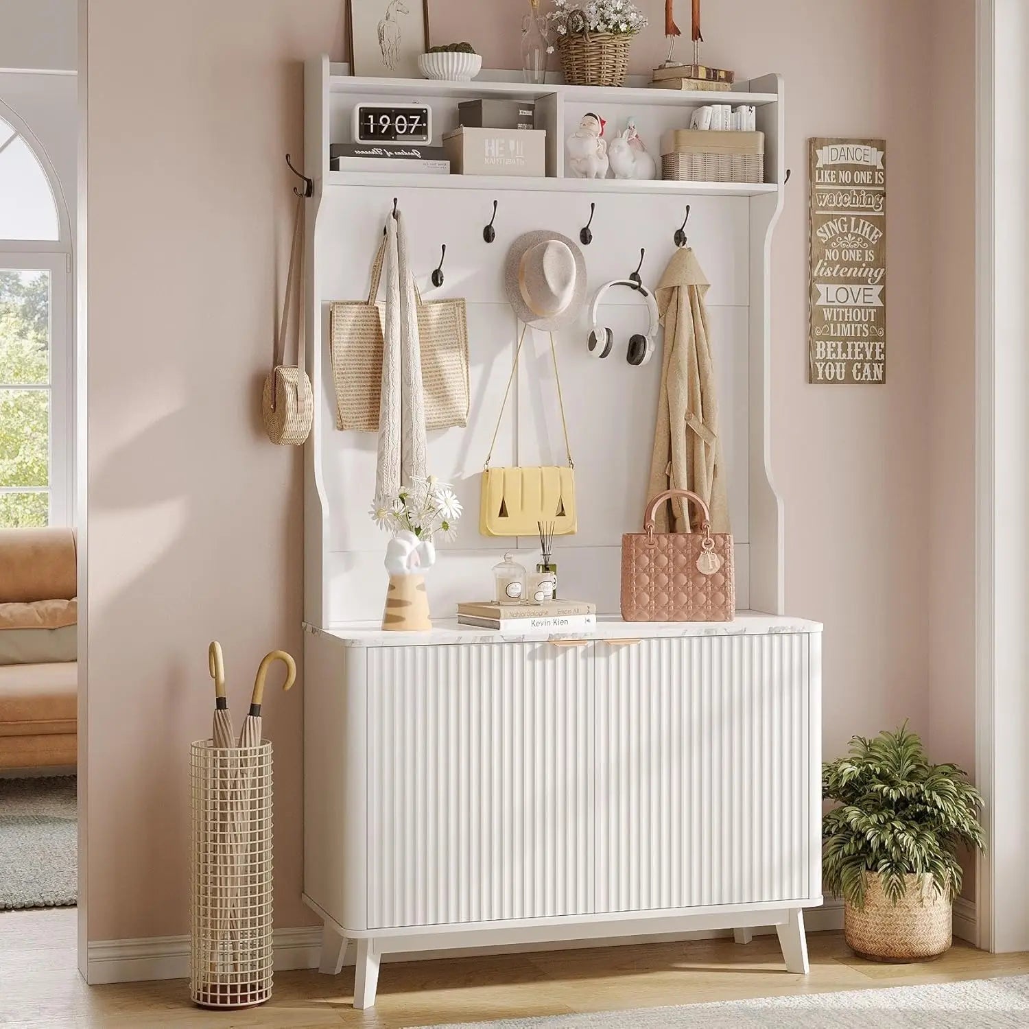 4-in-1 Entryway/Hallway Tree with Shoe Storage, 77" Coat Rack with 18 Shoes Cubbies & 9 Coat Hooks